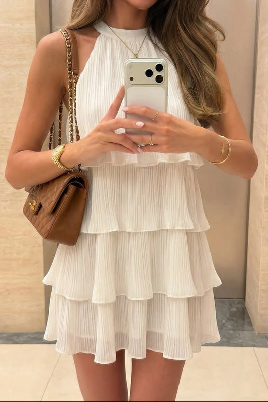 Pleated Tiered Halter Neck Mini Dress