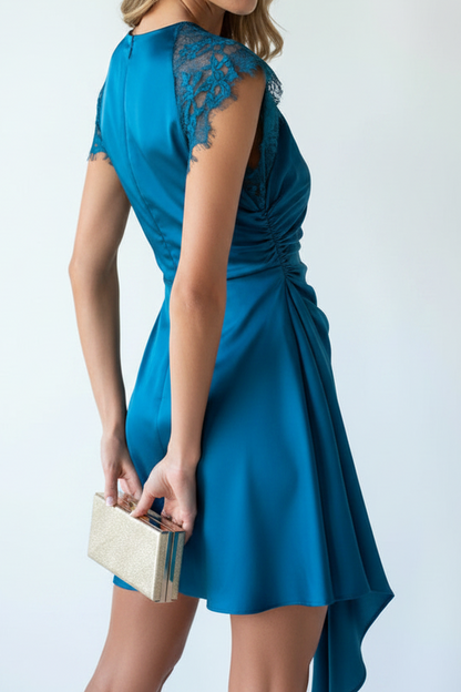 Satin Mini Dress with Lace Sleeves and Side Drape