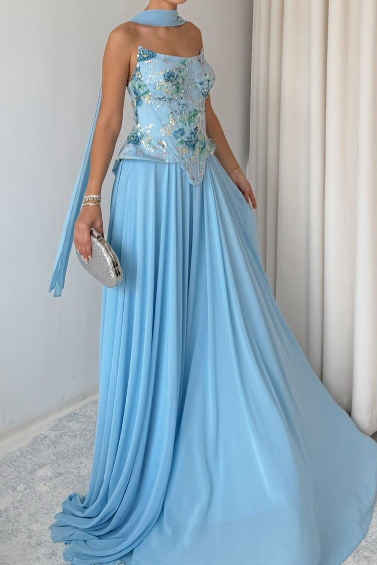 Embroidered Corset Gown with Scarf