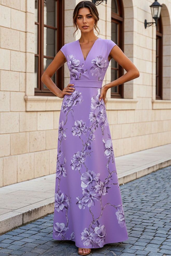 Floral Print A-Line Maxi Dress with Cap Sleeves