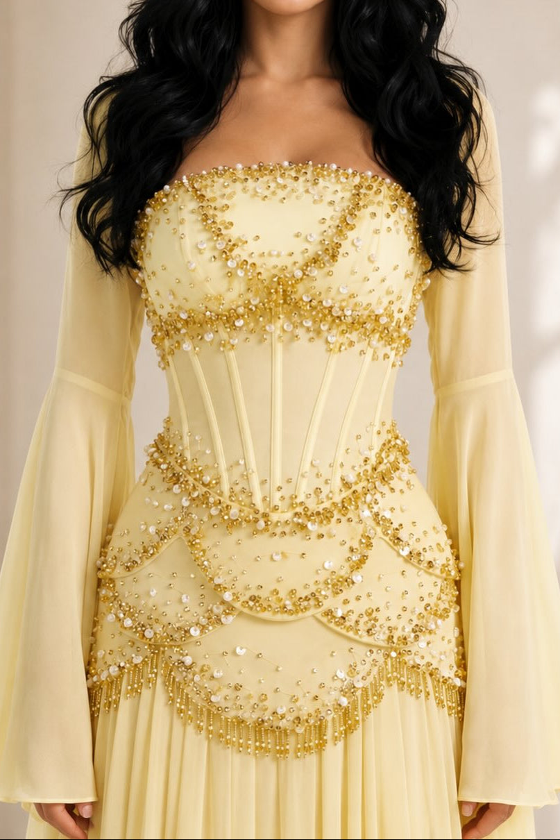 Beaded Corset Pleated Chiffon Gown with Bell Sleeves