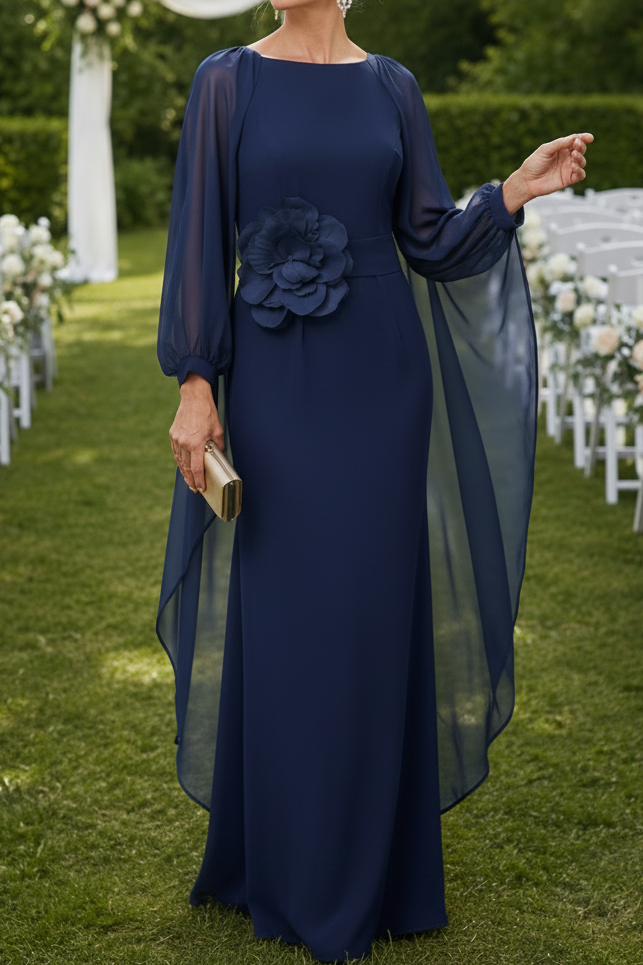 Bateau Gown with Sheer Cape Sleeves and 3D Flower