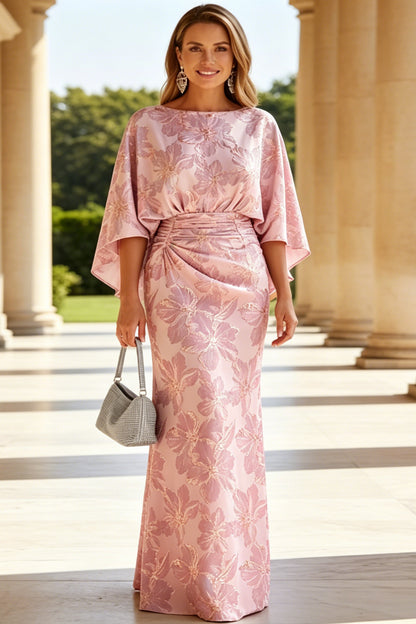 Floral Jacquard Cape Sleeve Evening Gown