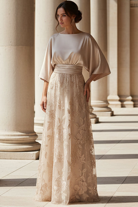 Bateau Neck Satin and Embroidered A-Line Gown