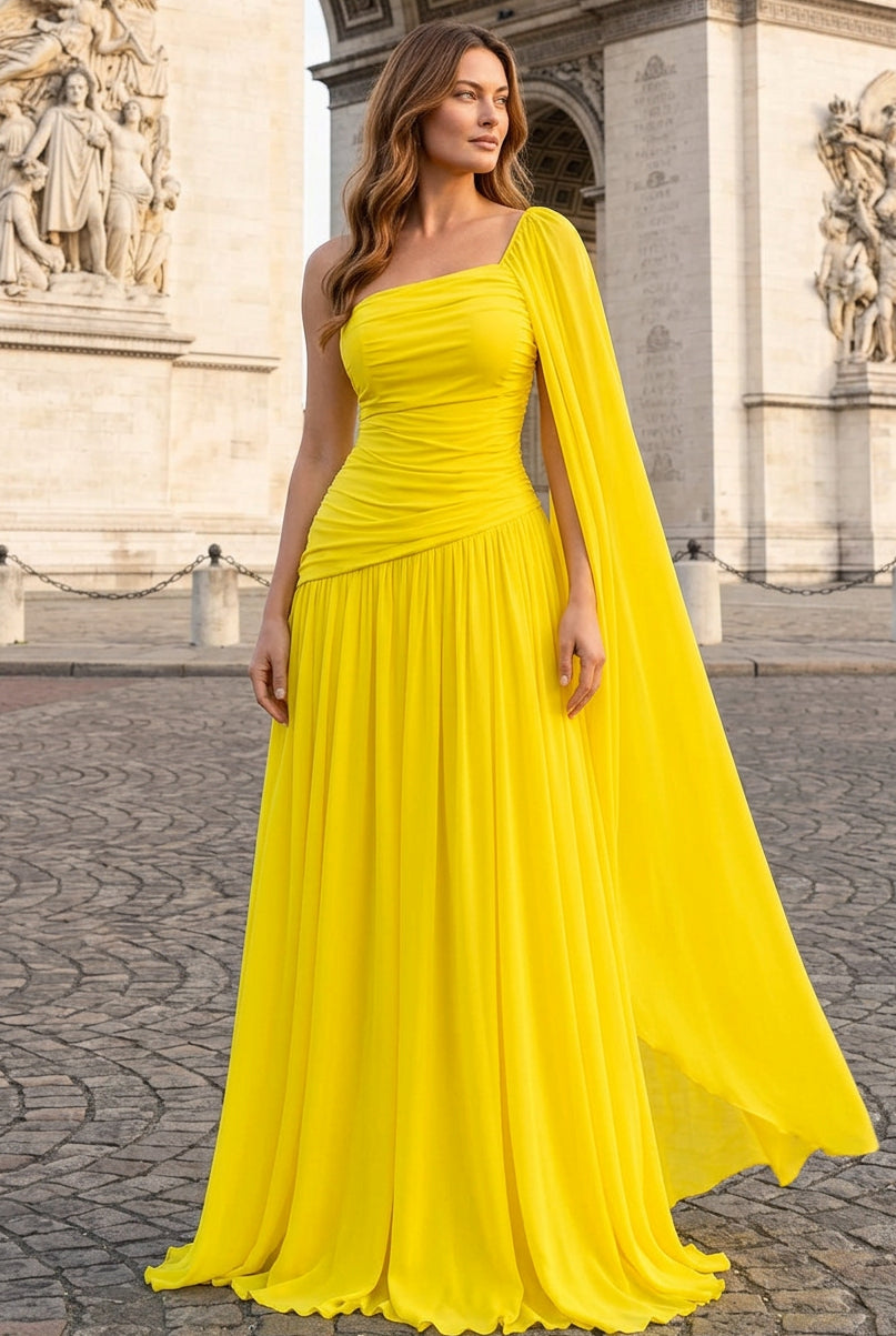 One-Shoulder Ruched Gown with Cape Drape