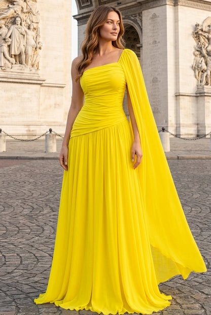 One-Shoulder Ruched Gown with Cape Drape