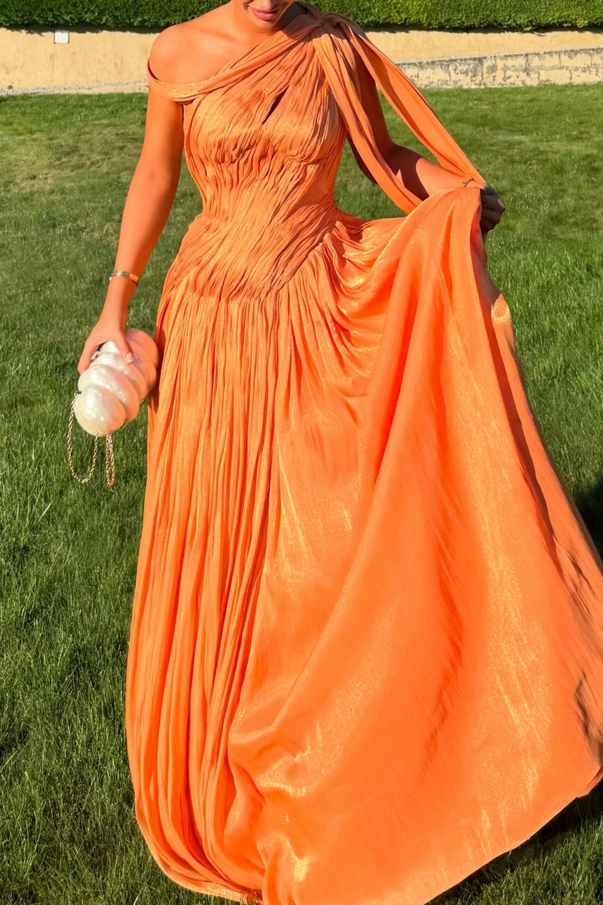 Pleated One-Shoulder Evening Gown with Drape