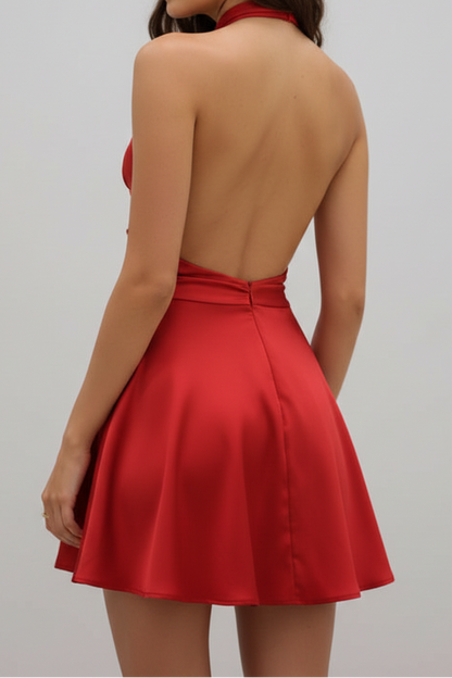 Halter Neck Satin Mini Dress with Ruched Waist