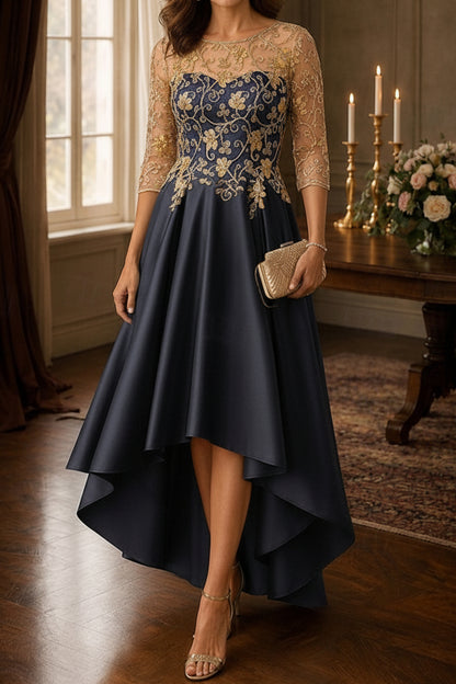 High-Low Satin Gown with Gold Embroidered Illusion Bodice