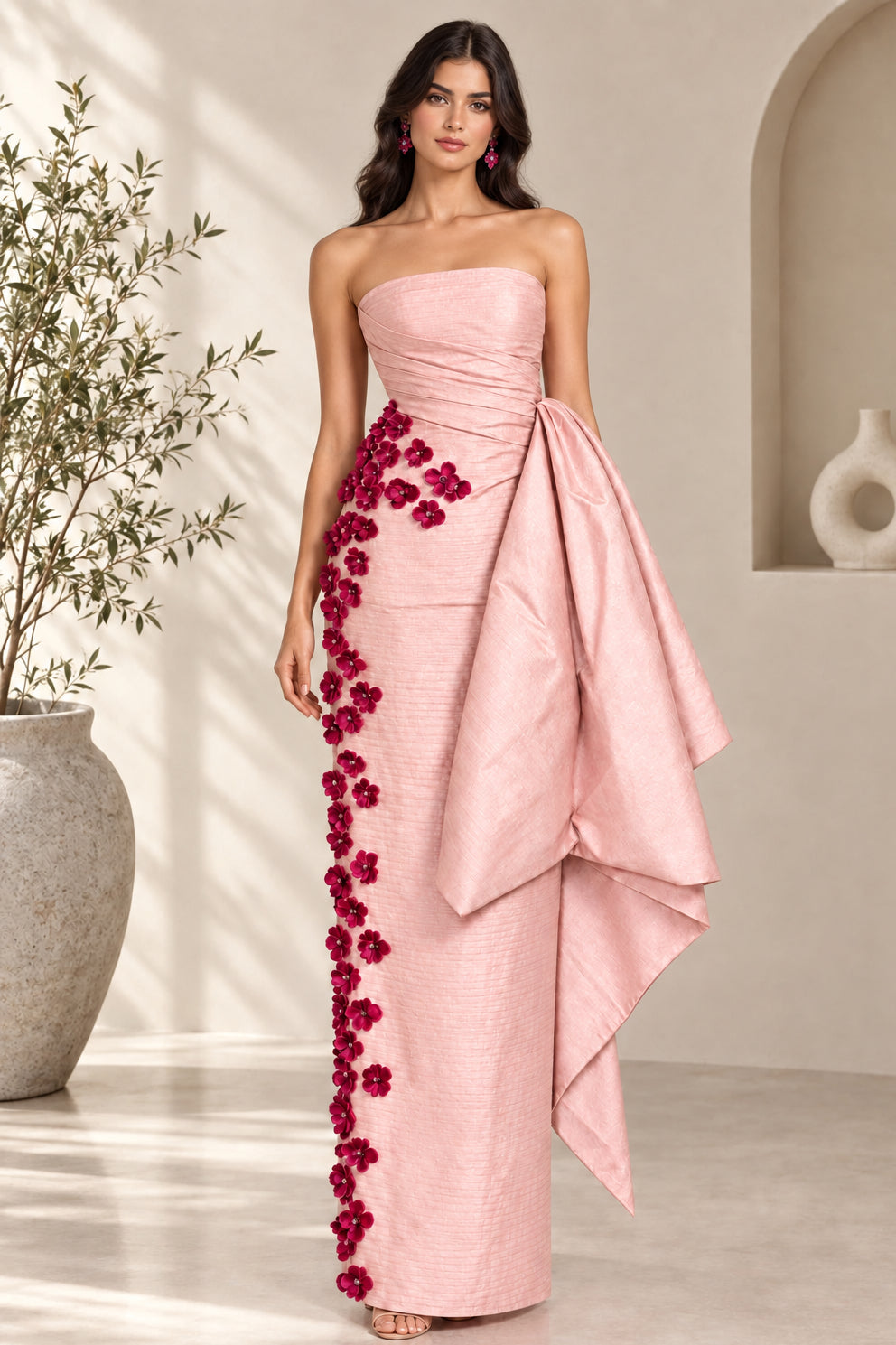 Strapless Column Gown with 3D Florals and Side Drape