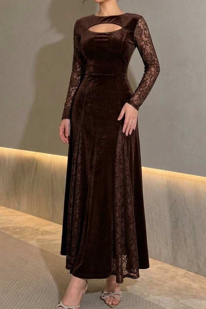 Velvet Maxi Evening Dress with Lace Sleeves and Cut-Out