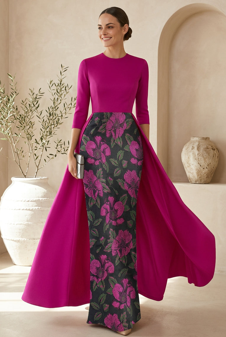 Floral Column Evening Gown with Overskirt