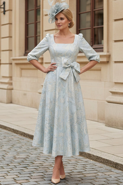 Elegant Square Neck Jacquard Midi Dress