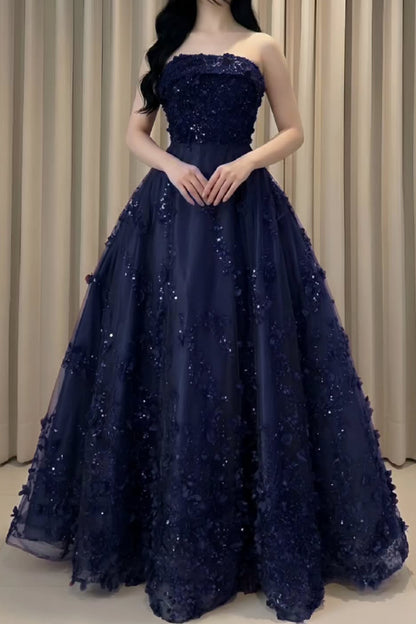 Strapless Sequin and 3D Flower Ball Gown