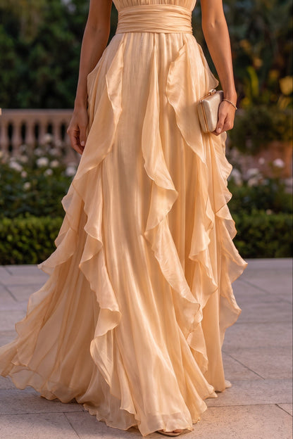 Pleated High-Neck Halter Gown with Cascading Ruffles