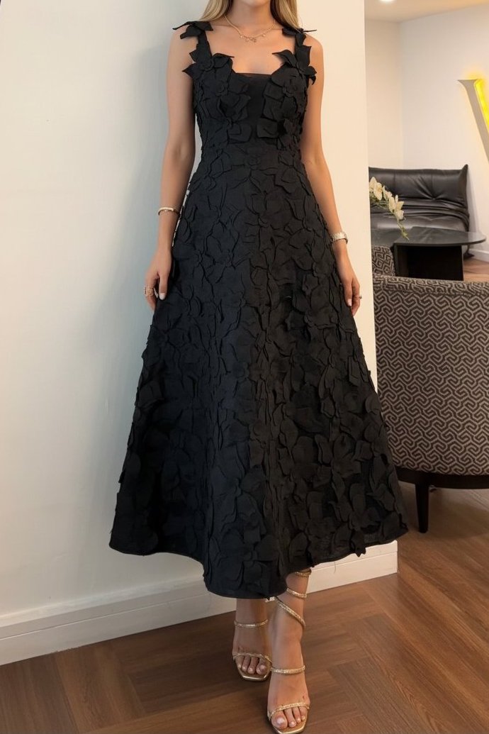 3D Floral Applique Sleeveless A-Line Midi Dress