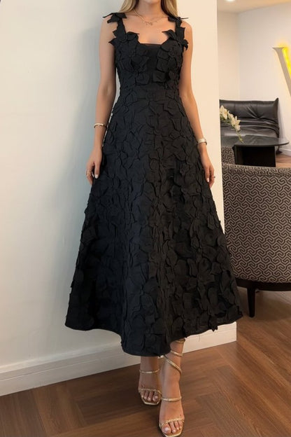 3D Floral Applique Sleeveless A-Line Midi Dress