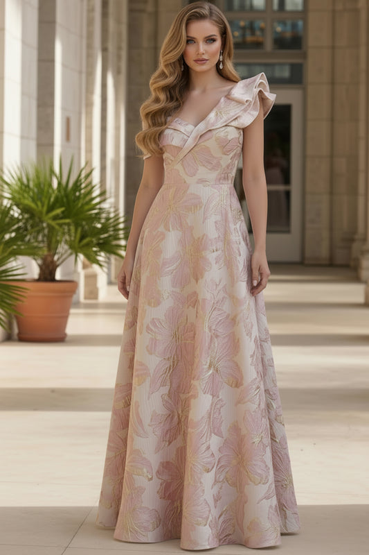 One-Shoulder Ruffle Jacquard A-Line Gown
