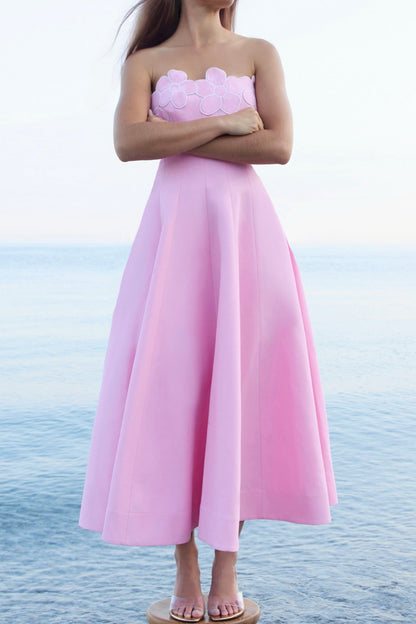 Strapless Scalloped Floral Tea-Length Dress