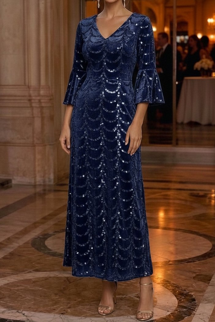 Sequin Velvet Ankle-Length Dress with Bell Sleeves