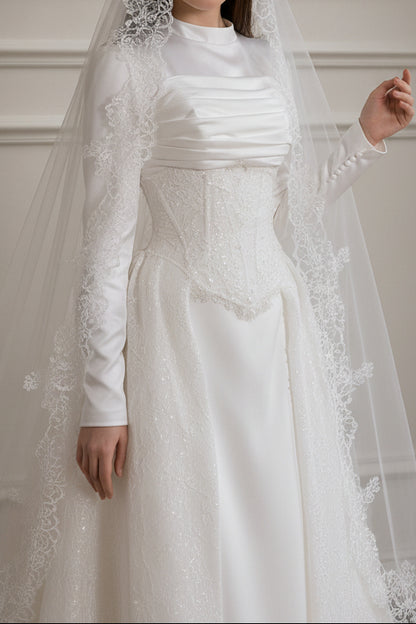 Long Sleeve High Neck Wedding Dress with Corset Waist