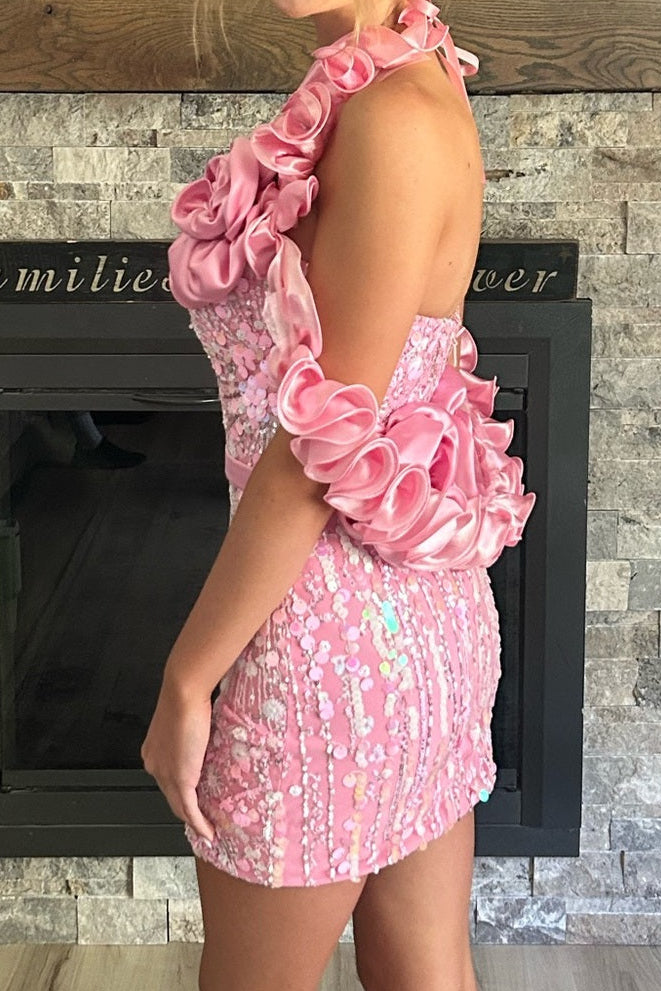 Rosette Halter Mini Dress with Sequins