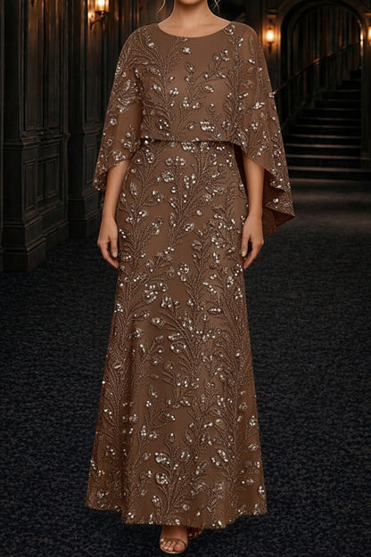 Sequin Botanical Capelet Overlay Evening Gown