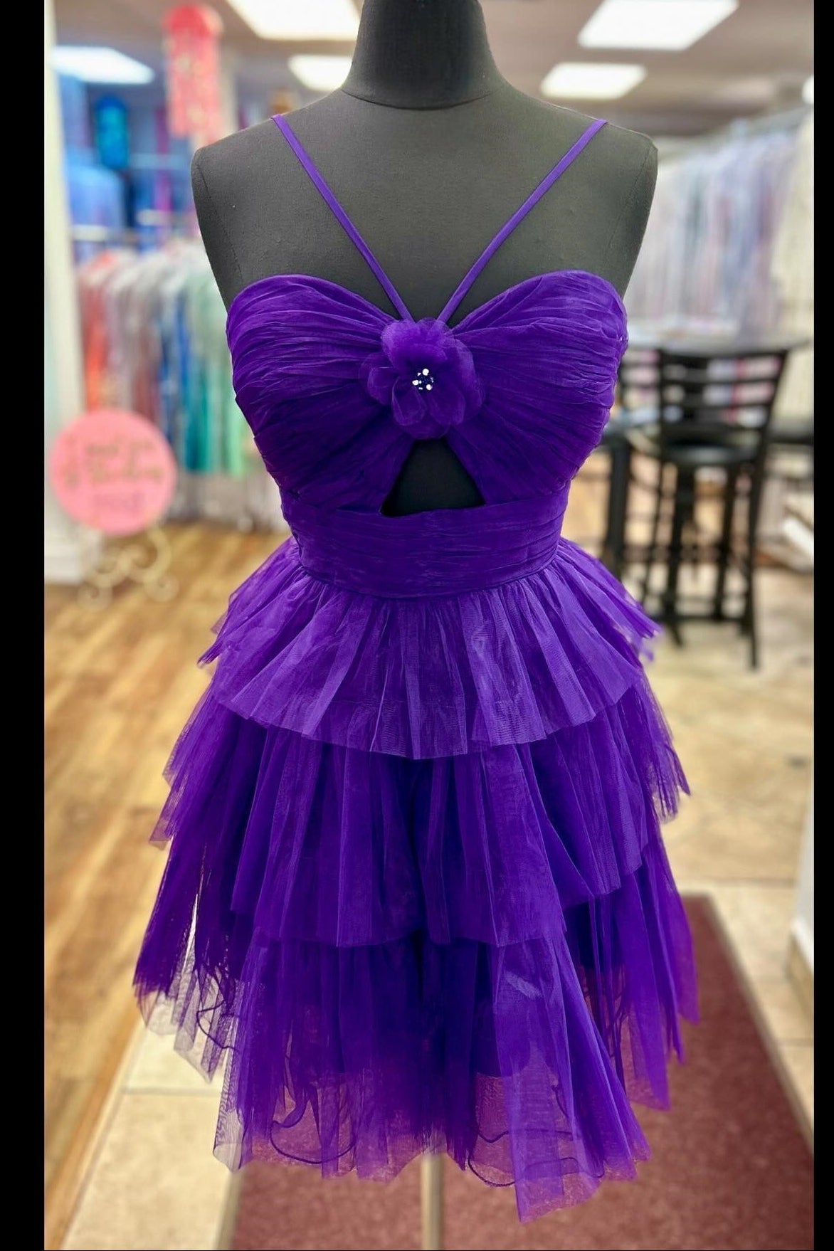 Tiered Tulle Cut-Out Halter Mini Dress