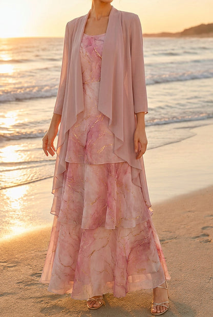Tiered Maxi Dress with Sheer Draped Jacket