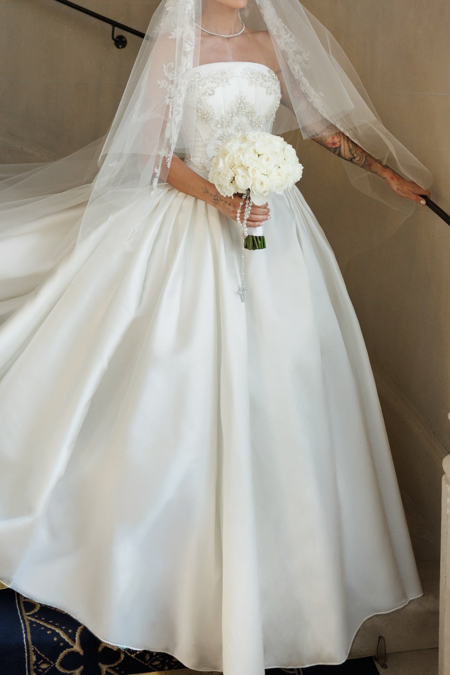 Strapless Beaded Corset Satin Ball Gown Wedding Dress