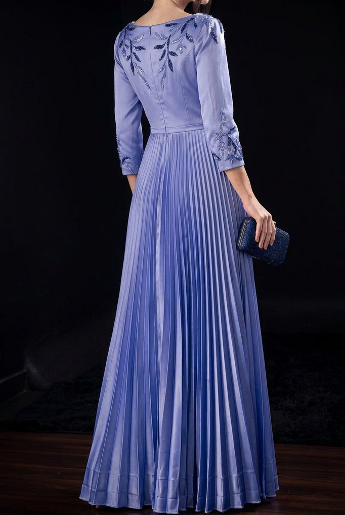 Pleated A-Line Evening Gown with Beaded Floral Accents