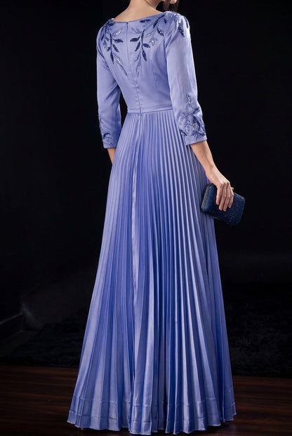 Pleated A-Line Evening Gown with Beaded Floral Accents