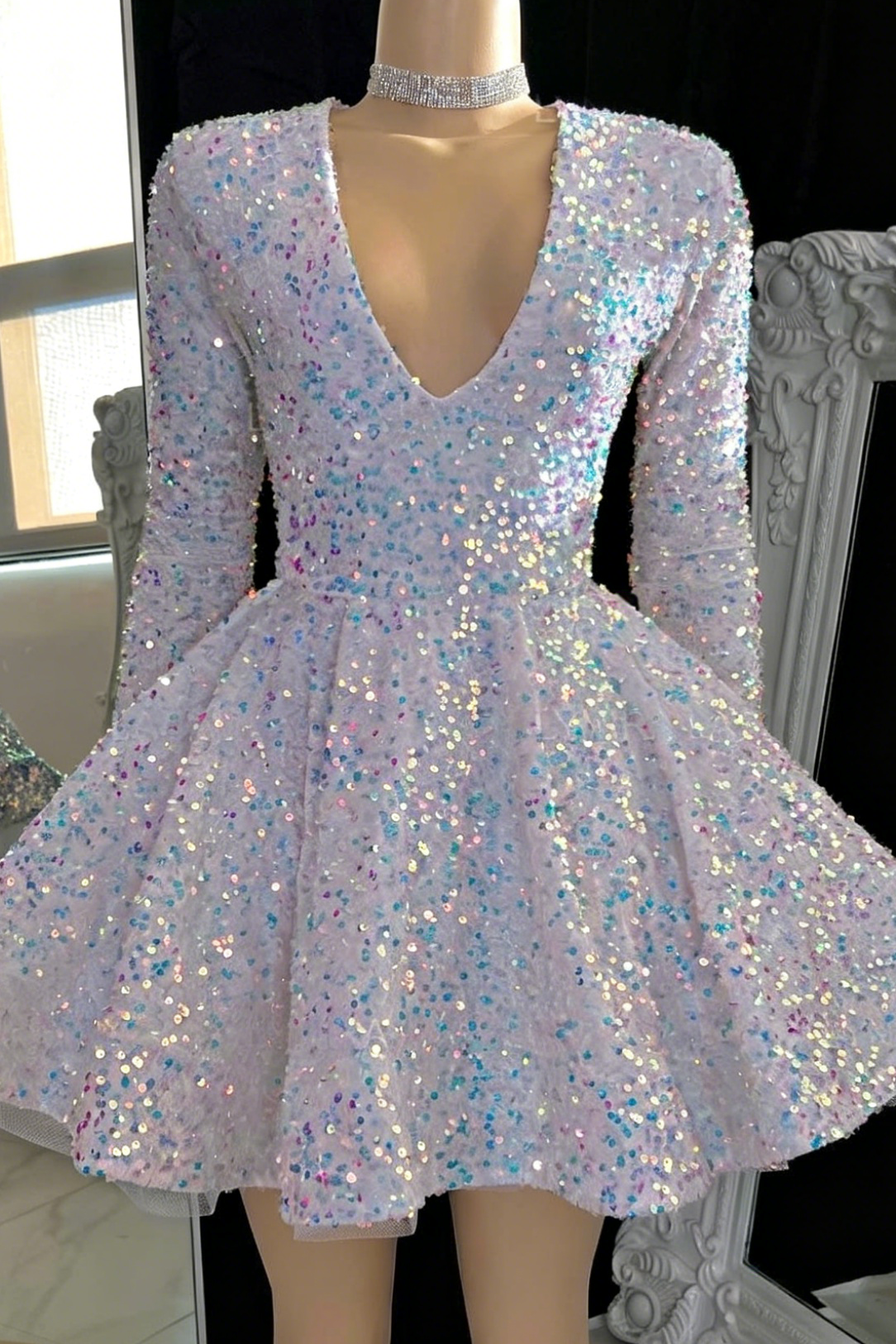 Long Sleeve Deep V-Neck Sequin Fit and Flare Mini Dress