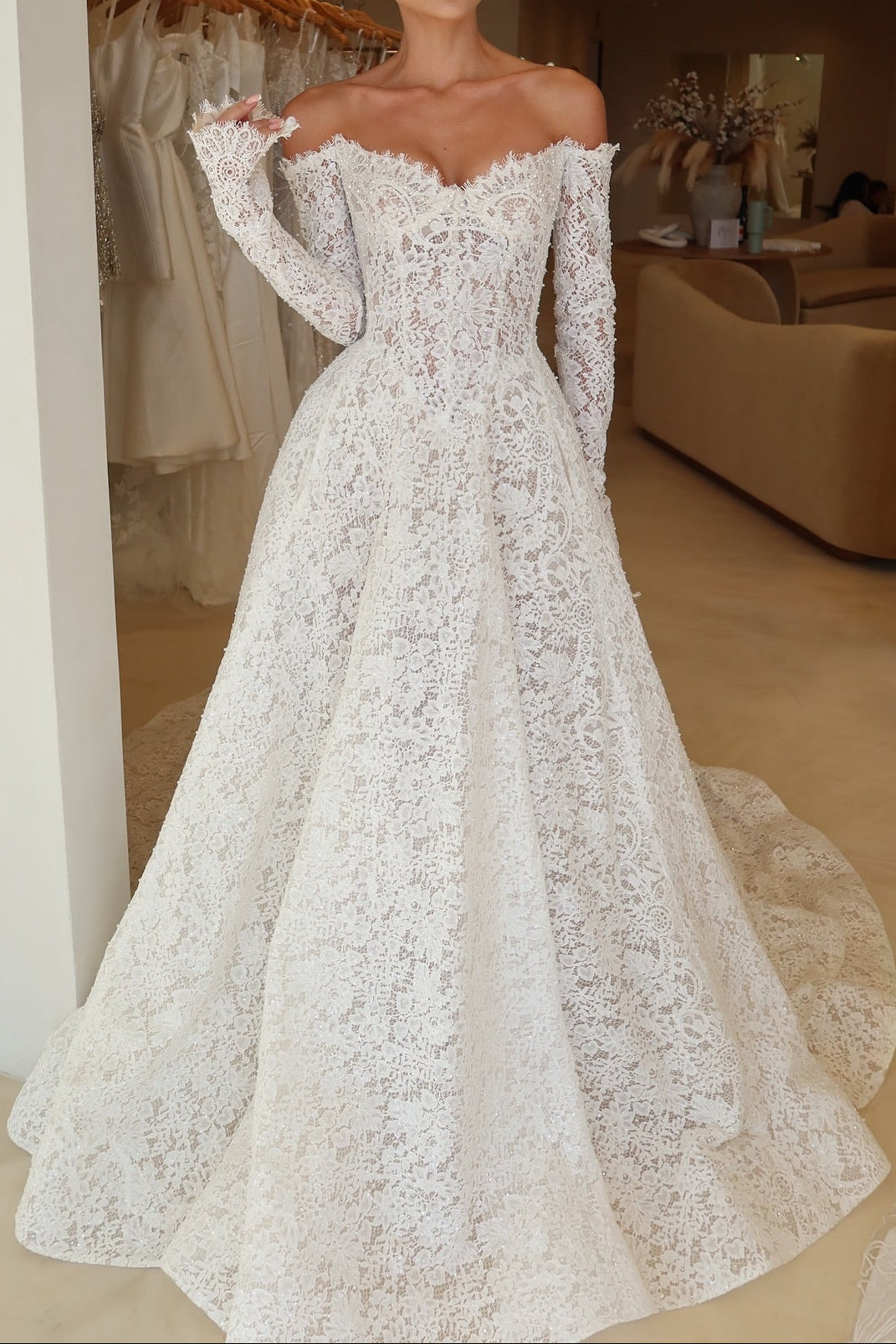 Off-the-Shoulder Lace Ball Gown Wedding Dress