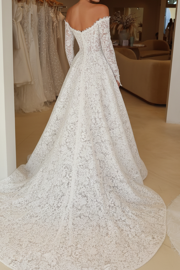 Off-the-Shoulder Lace Ball Gown Wedding Dress
