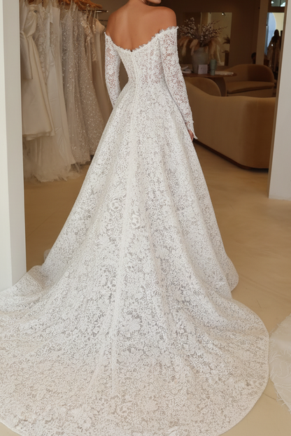 Off-the-Shoulder Lace Ball Gown Wedding Dress