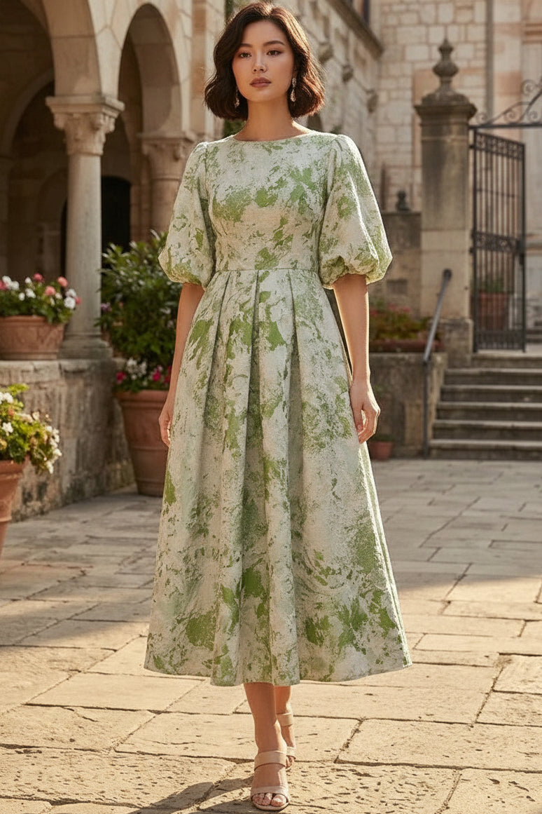 A-Line Jacquard Midi Dress with Puff Sleeves