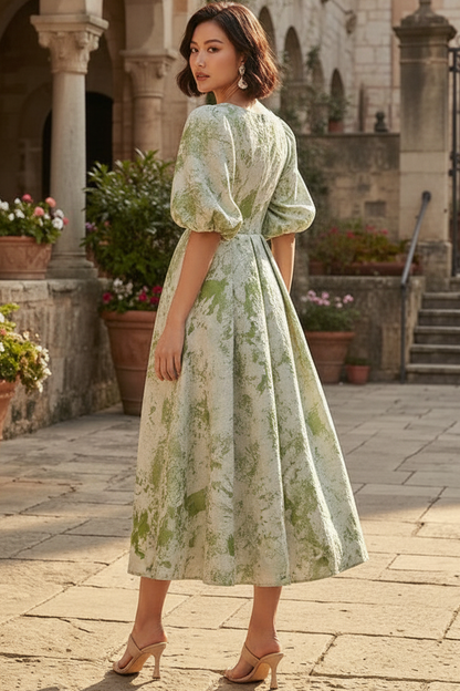 A-Line Jacquard Midi Dress with Puff Sleeves