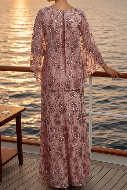 Sequined Capelet Floor-Length Formal Dress