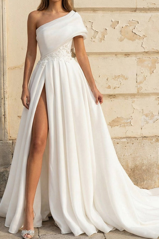 One-Shoulder Satin A-Line Bridal Gown with Slit