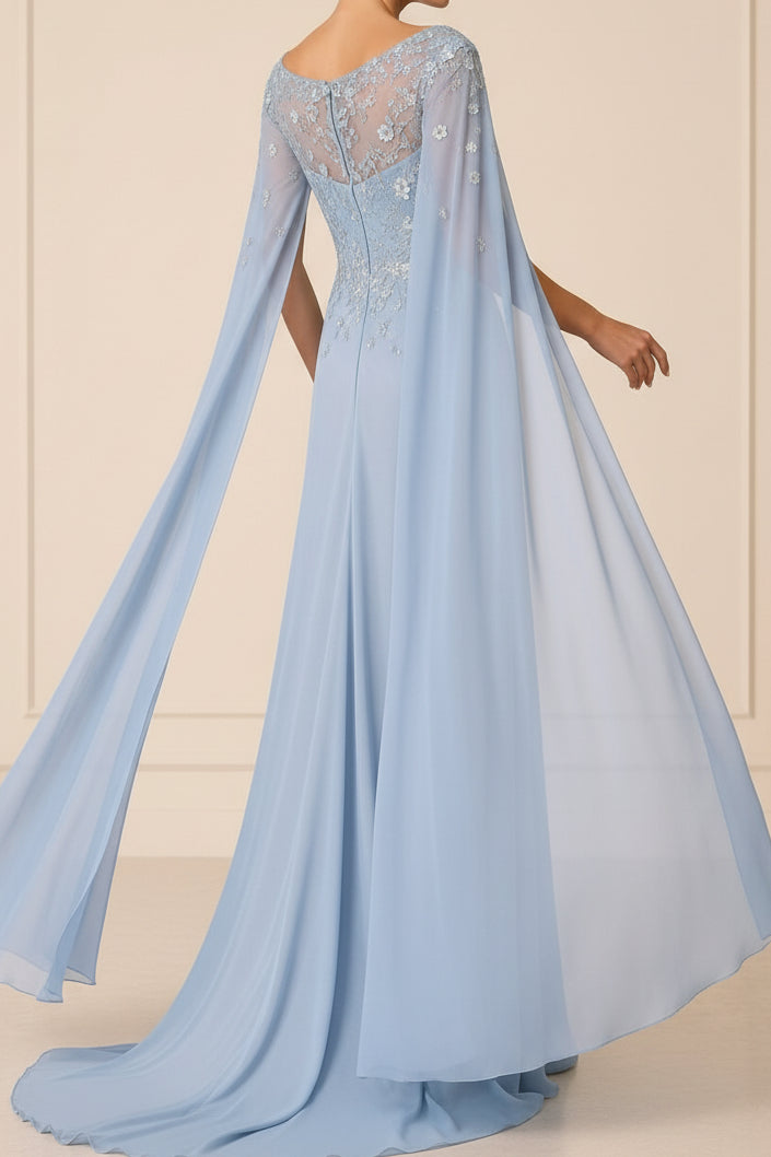 Off-the-Shoulder Cape Sleeve Lace Applique Evening Gown