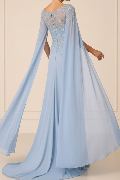 Off-the-Shoulder Cape Sleeve Lace Applique Evening Gown