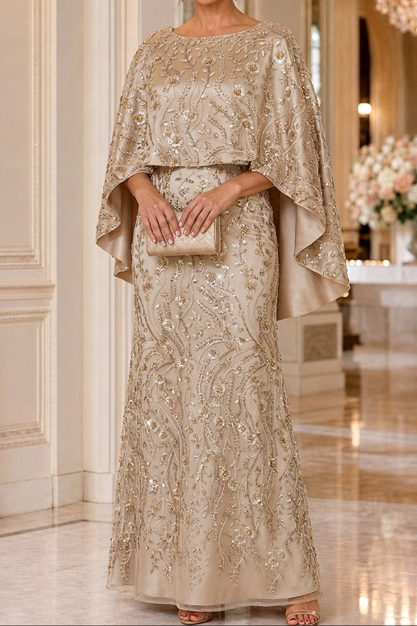 Beaded Cape Overlay Evening Gown