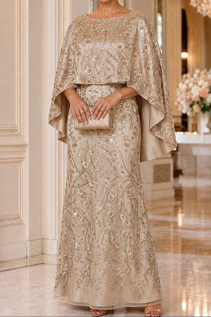 Beaded Cape Overlay Evening Gown