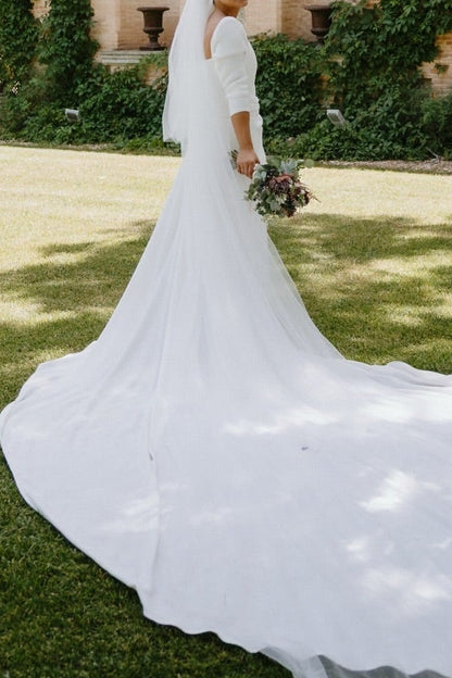 Square Neck A-Line Crepe Wedding Dress with Train