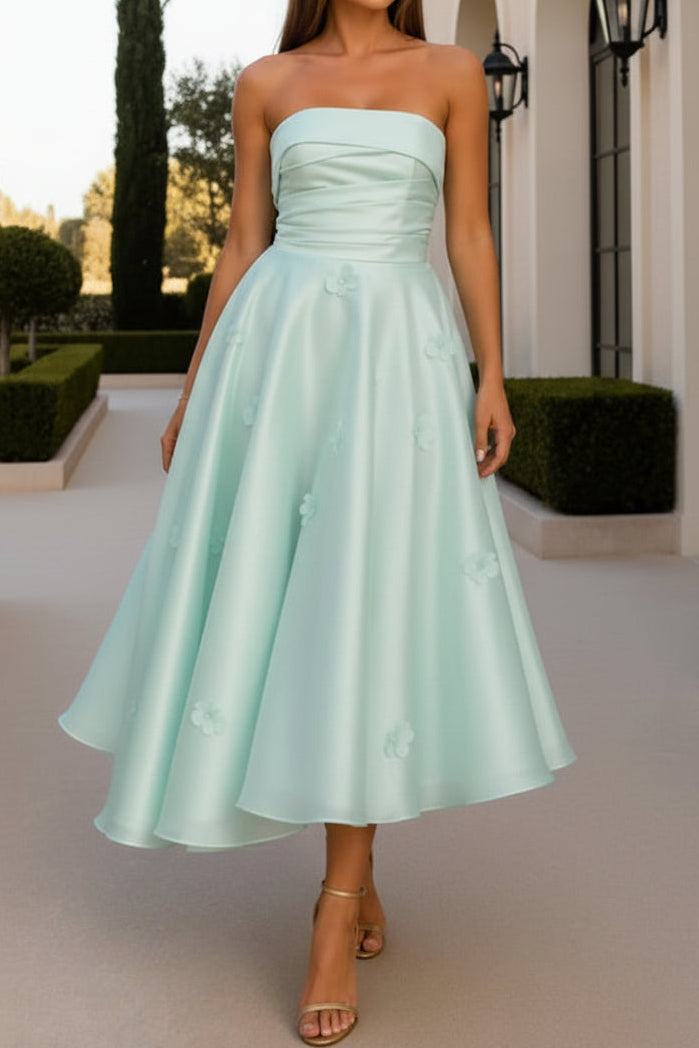 Strapless Pleated Tea-Length A-Line Dress with 3D Flowers