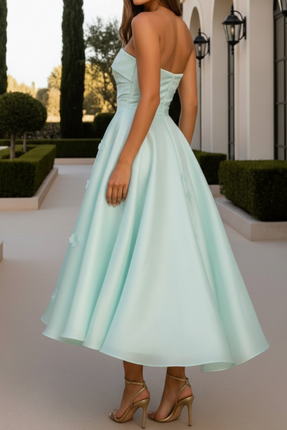 Strapless Pleated Tea-Length A-Line Dress with 3D Flowers