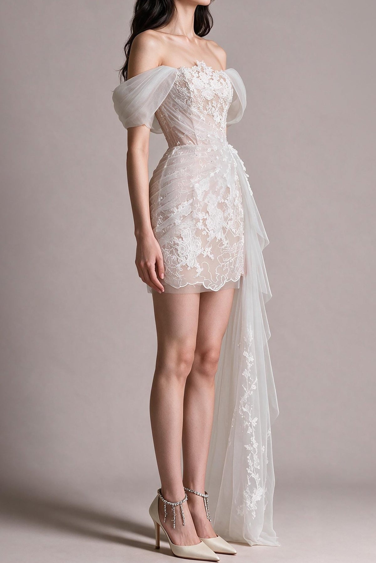 Lace Off-the-Shoulder Mini Dress with Side Train