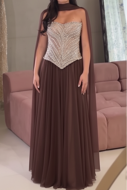 Strapless Beaded Corset Gown with Sheer Shawl