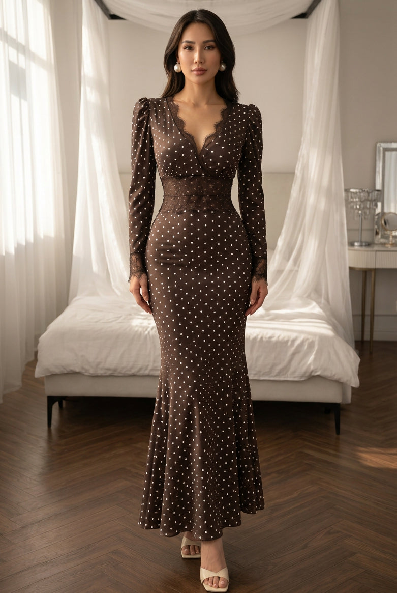 Polka Dot Lace Trim Mermaid Maxi Dress
